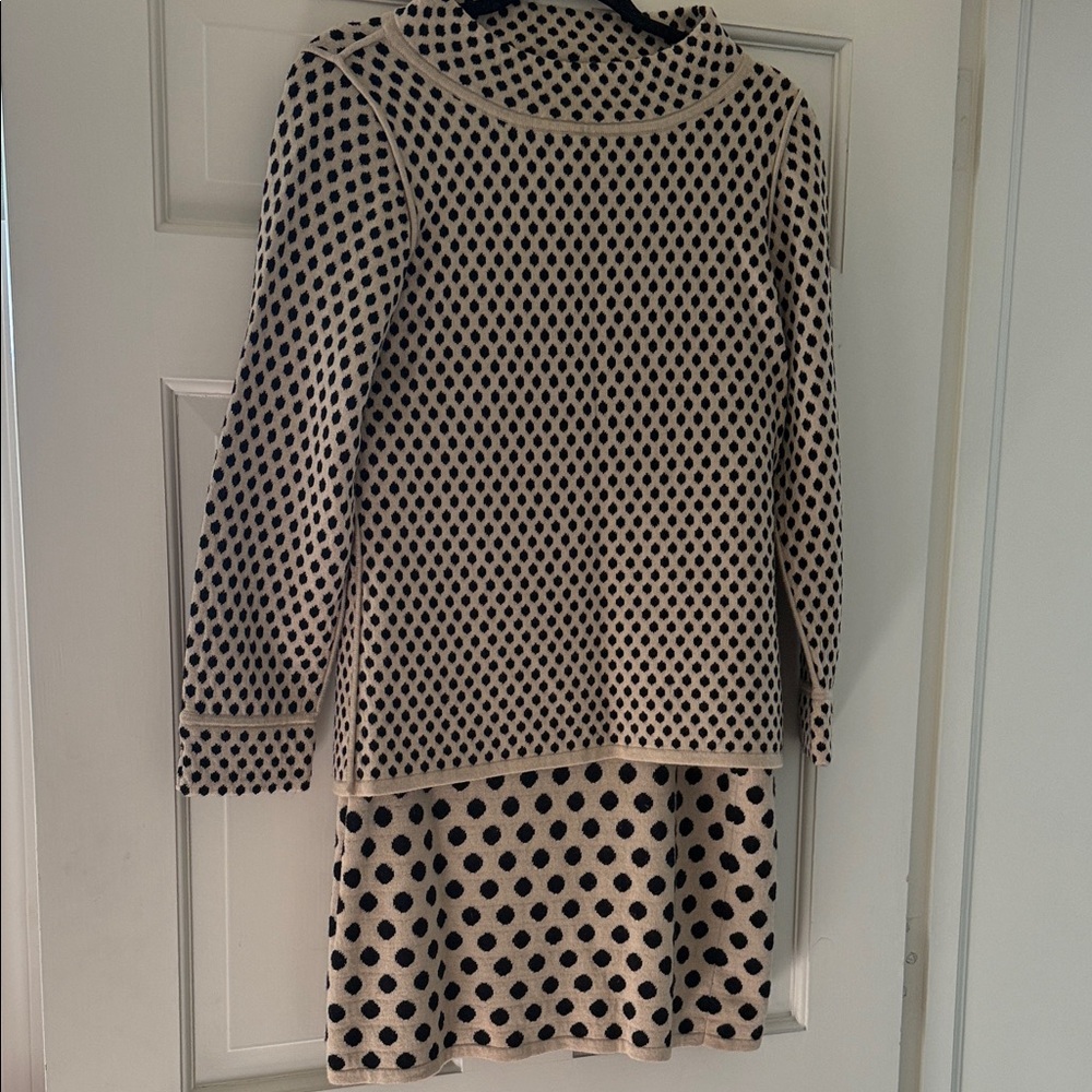 Etcetera Black and Tan Polka Dot Knit top and skirt set.